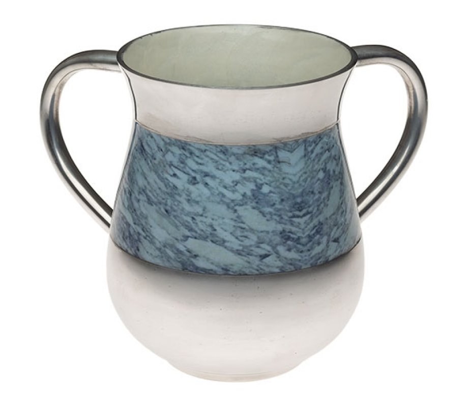 Netilat Yadayim Wash Cup, White with Turquoise Marble Design - Aluminum