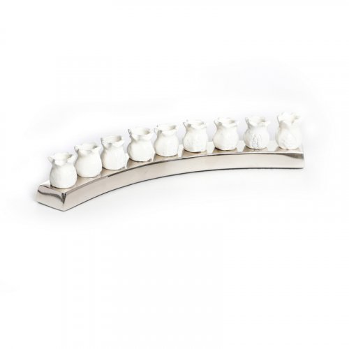 Nickel Plated Chanukah Menorah  White Pomegranate Shaped Candle Holders