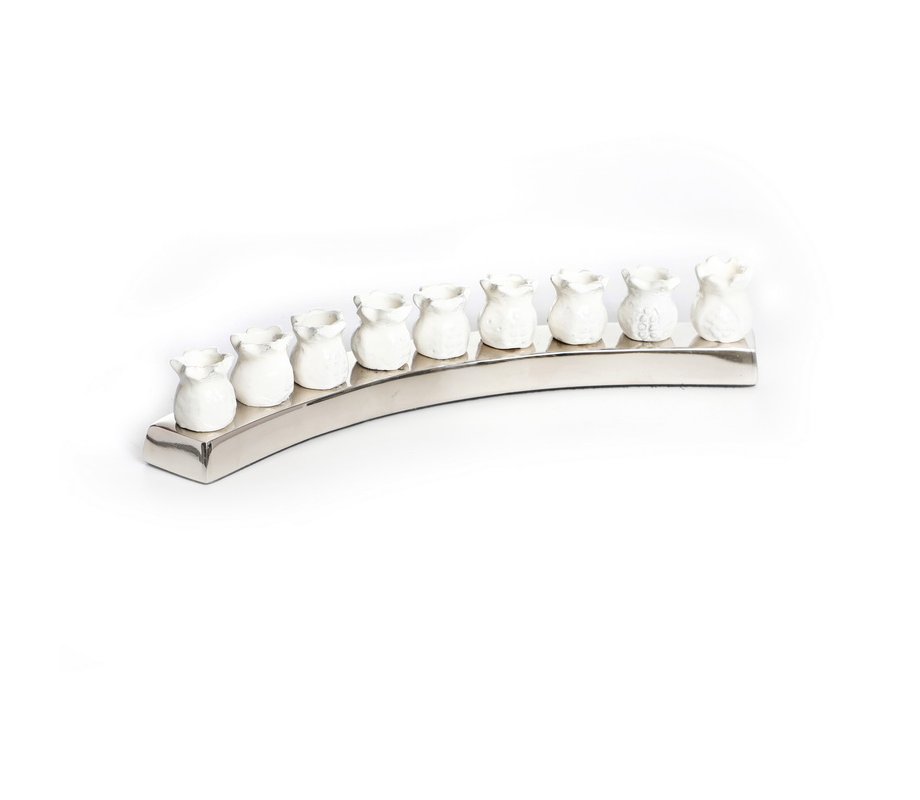 Nickel Plated Chanukah Menorah – White Pomegranate Shaped Candle Holders