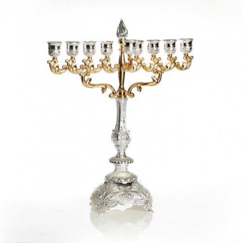 Nickel Plated Chanukah Menorah, Classic Design Gold and Silver – 13.3 Inches