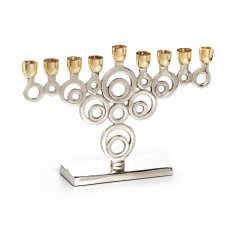Nickel Plated Chanukah Menorah with Gold Color Cups, Ornate Design – 7