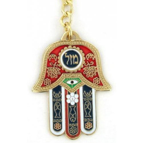 Nickel Plated Colorful Hamsa Keychain with Good Luck Symbols