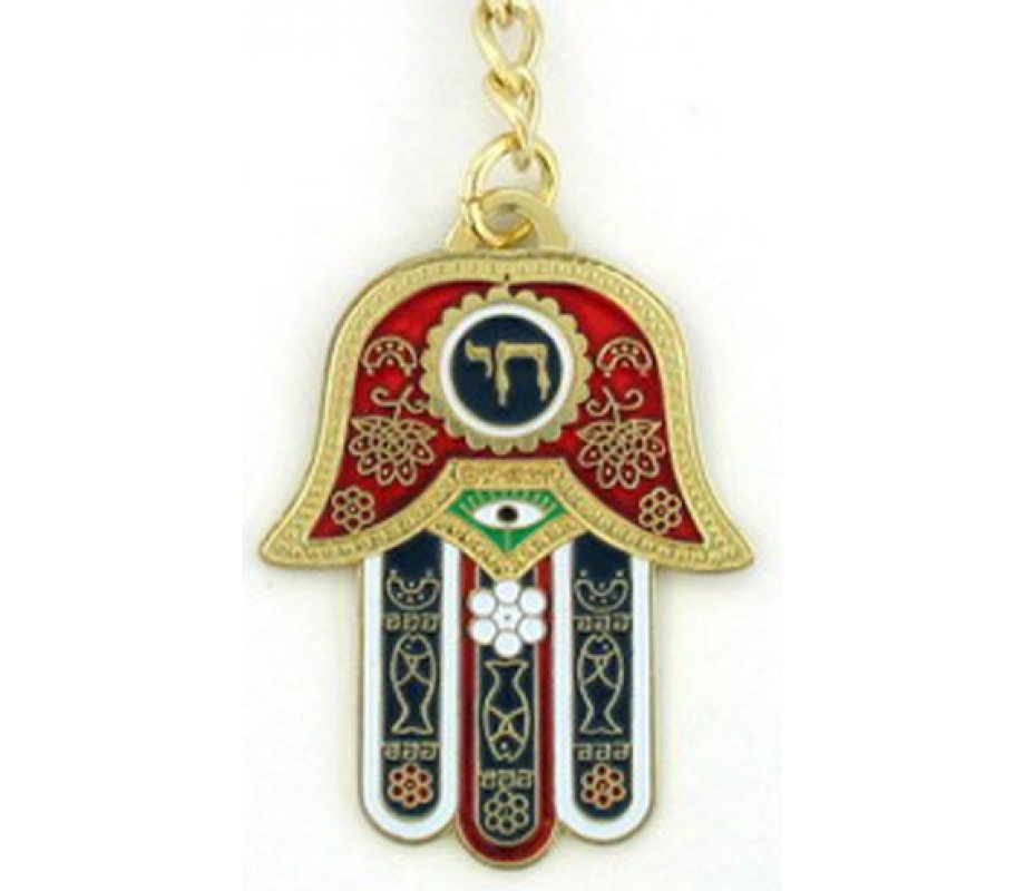 Nickel Plated Colorful Hamsa Keychain with Good Luck Symbols