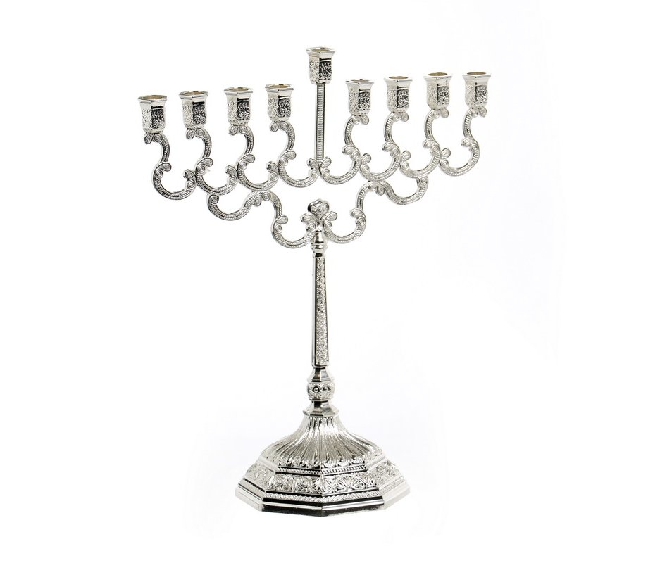 Nickel Plated Curly Design Chanukah Menorah, Silver - 8