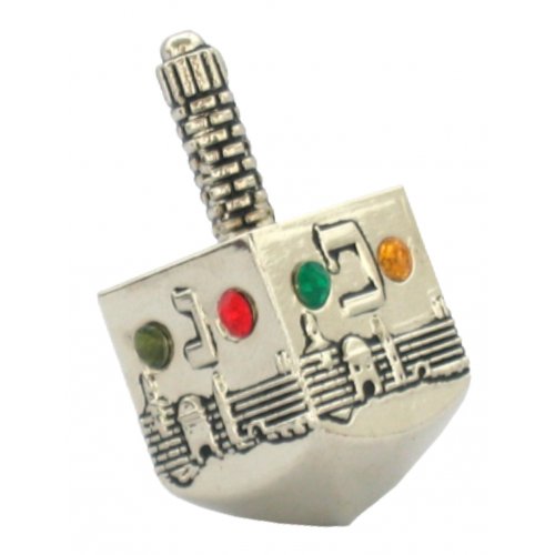 Nickel Plated Dreidel, Jerusalem and Colored Stones - Nun, Gimmel, Hay and Pay