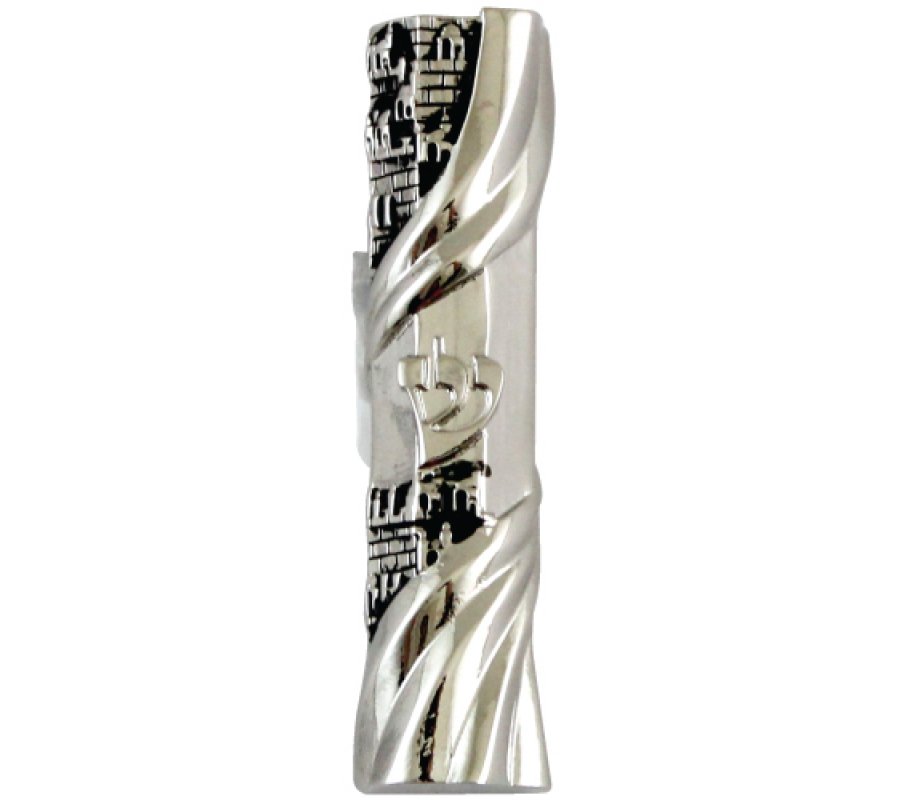 Nickel Plated Rounded Car Mezuzah White with Jerusalem Design
