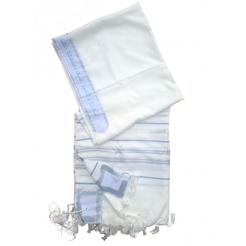 Noam Acrylic Non-Slip Lightweight Tallit Prayer Shawl - Silver and Light Blue Stripes
