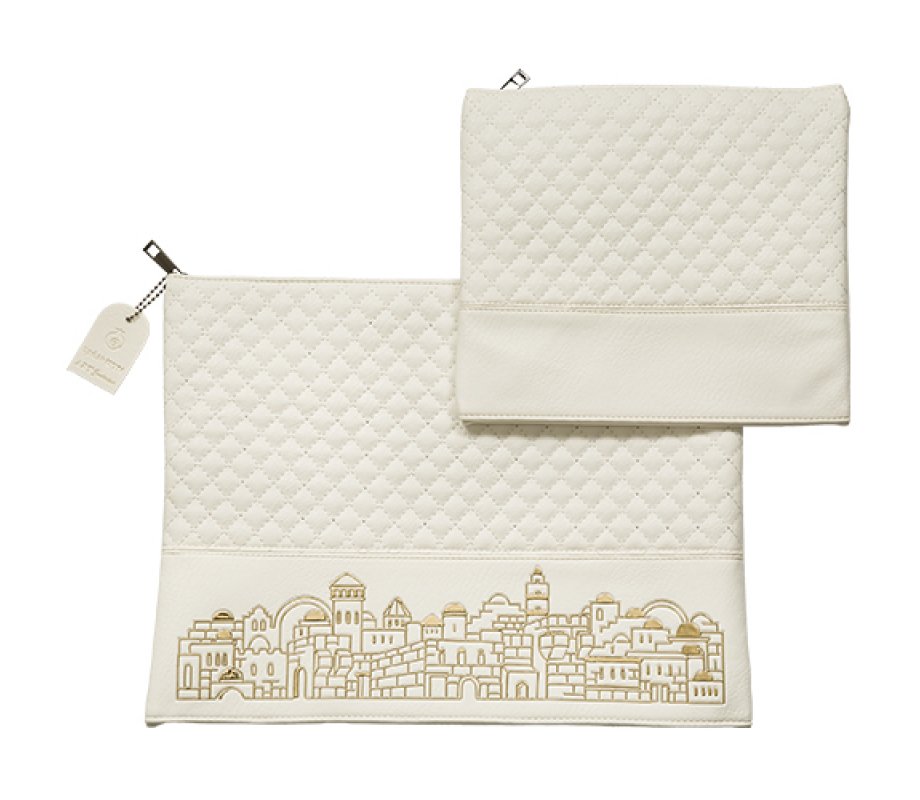 Off White Faux Leather Tallit and Tefillin Bag Set - Gold Jerusalem Images