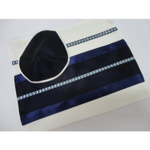 Off White and Blue Tallit Set by Galilee Silk