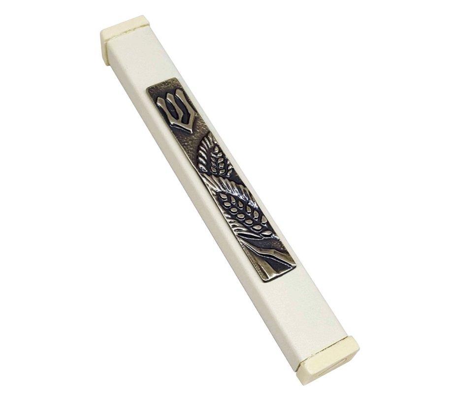 Off-White Aluminum Mezuzah Case Ornate Shin - Wheat Motif