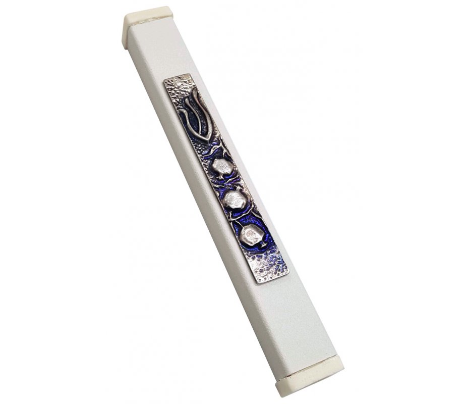 Off-White Aluminum Mezuzah Case Elongated Shin - Pomegranates