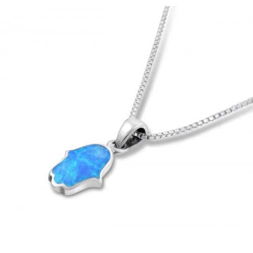 Opal Hamsa Necklace Light Blue Pendant in 925 Sterling Silver