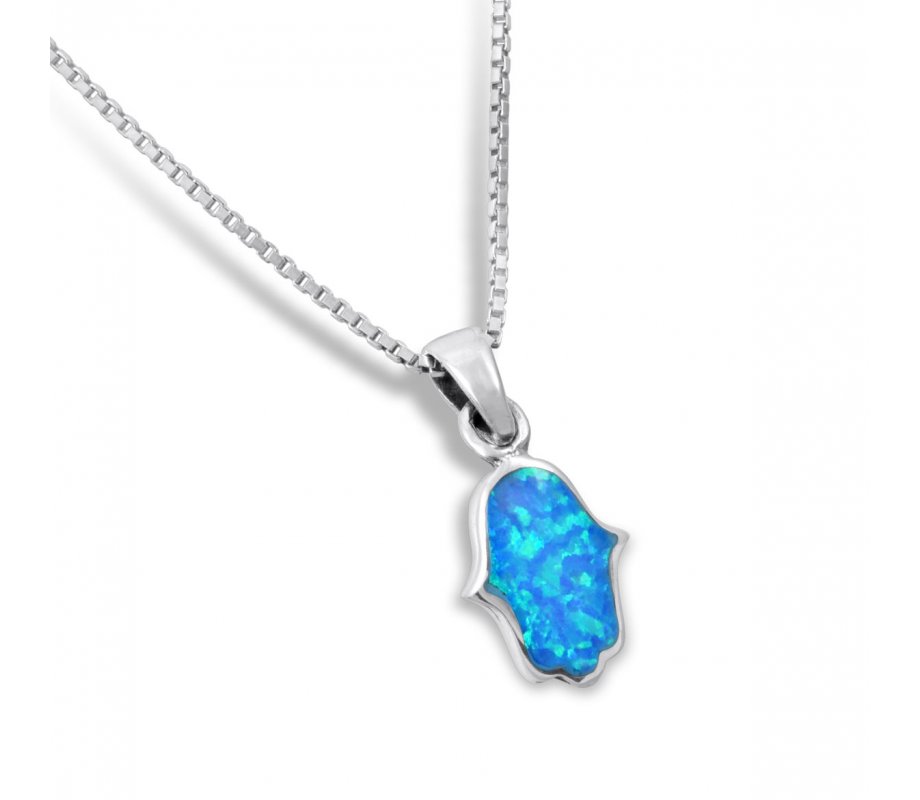 Opal Hamsa Necklace Light Blue Pendant in 925 Sterling Silver