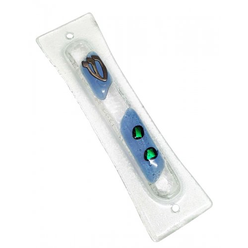 Opaque Glass Mezuzah Case Decorative Elements Pewter Shin - Blue Green