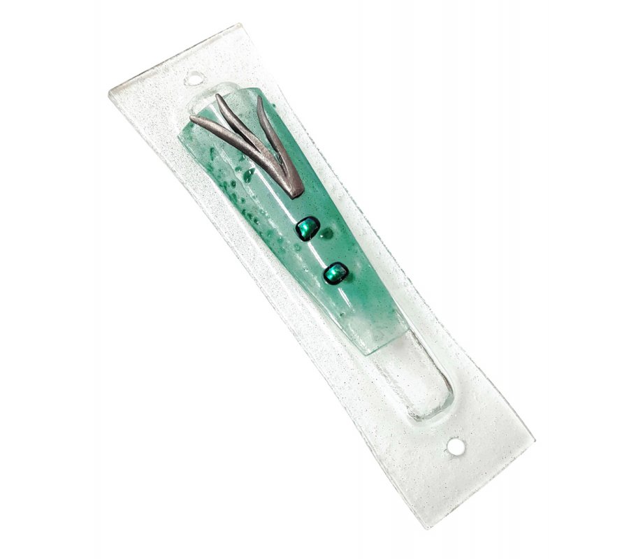 Opaque Glass Mezuzah Case Decorative Elements Pewter Shin - Green