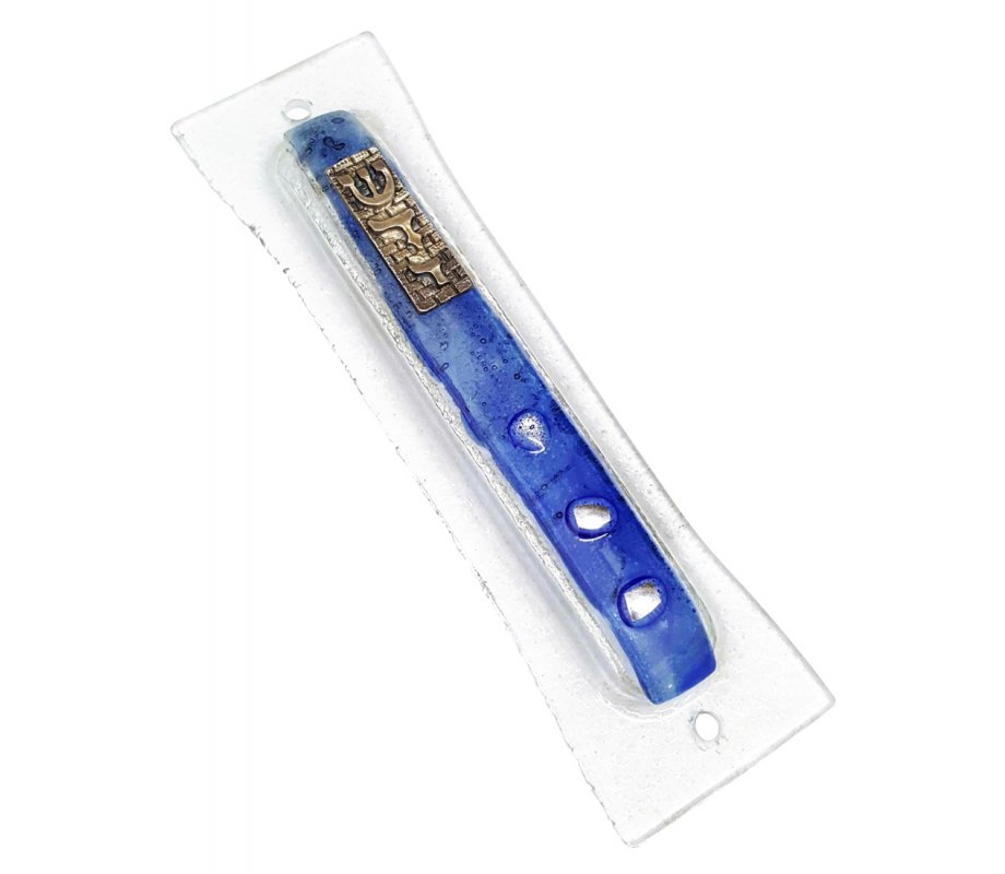 Opaque Glass Mezuzah Case Decorative Western Wall Shin, Daled, Yud - Blue