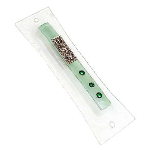 Opaque Glass Mezuzah Case Decorative Western Wall Shin Daled Yud - Green