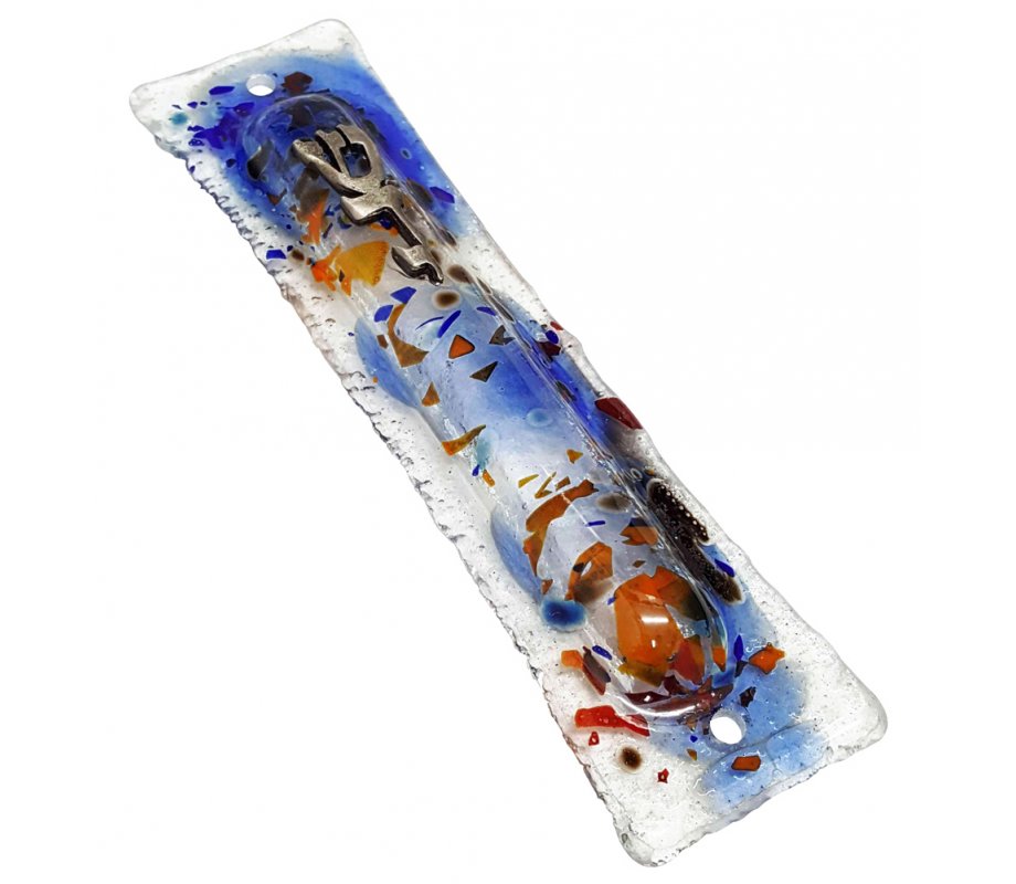 Opaque Glass Mezuzah Case Pewter Shin Daled Yud - Blue Abstract Design