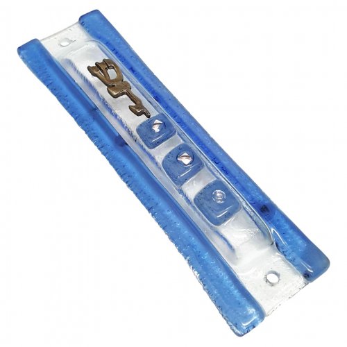 Opaque Glass Mezuzah Case with Blue Frame - Decorative Shin Daled Yud