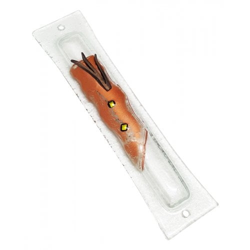 Opaque Glass Mezuzah Case with Decorative Elements & Pewter Shin - Copper Brown