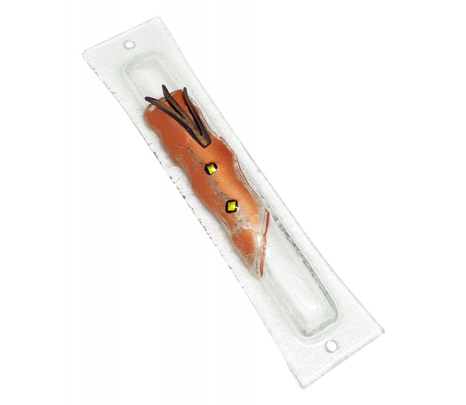 Opaque Glass Mezuzah Case with Decorative Elements & Pewter Shin - Copper Brown
