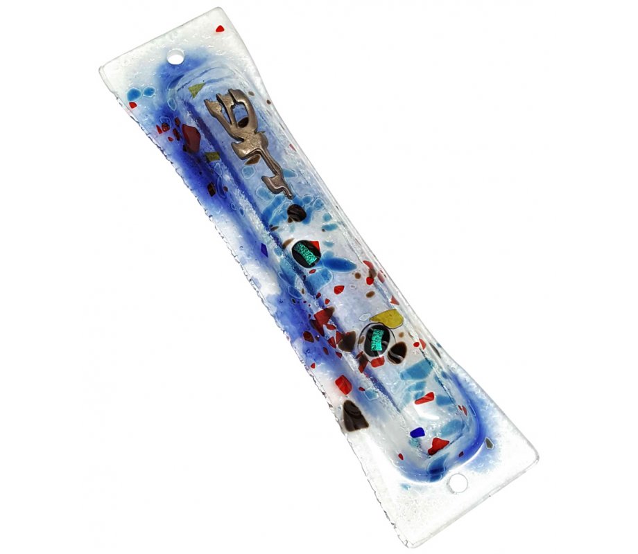 Opaque Glass Mezuzah Case with Pewter Shin Daled Yud - Blue Abstract Design