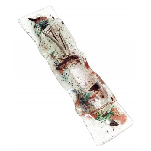 Opaque Glass Mezuzah Case with Pewter Shin and Multicolor Abstract Design