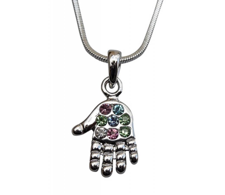 Open Hamsa Rhodium Pendant Necklace with Multicolor Stones