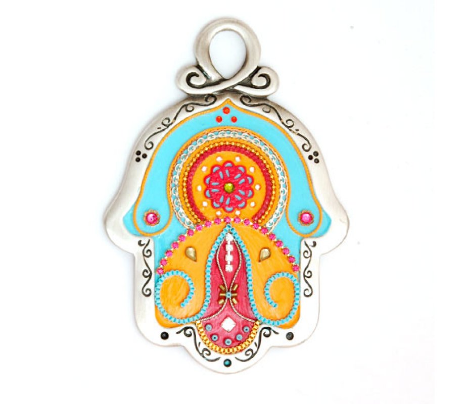 Orange Red and Light Blue Wall Hamsa - Ester Shahaf