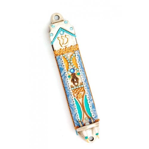 Orange and Blue Decoration Pewter Mezuzah by Ester Shahaf