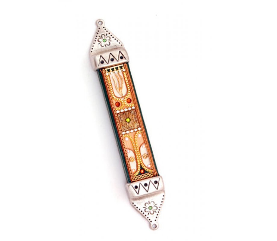 Oriental Design Wood and Pewter Mezuzah - Ester Shahaf
