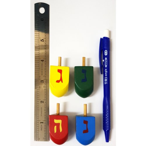 Package of Four Colorful Wood Dreidels with letters