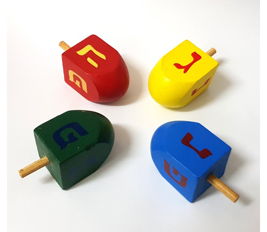 Package of Four Colorful Wood Dreidels with letters