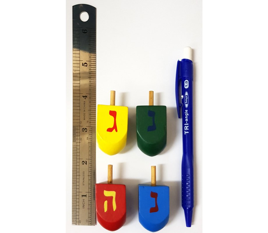 Package of Four Colorful Wood Dreidels with letters