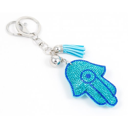 Padded Felt Hamsa Key Chain, Glittering Blue Stones with Blue Tassel