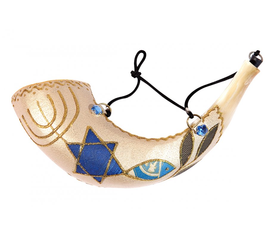 Painted Fish Design Anointing Ram's Horn Shofar