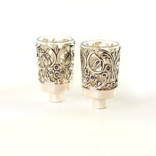Pair of Glass Oil/Candlestick Inserts with Silver Plated Floral Design