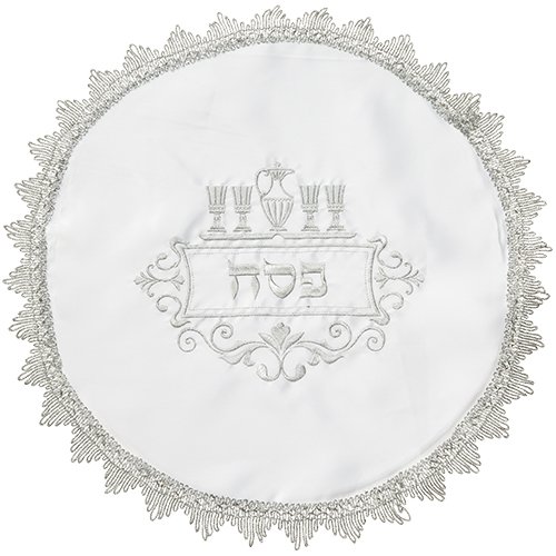 Passover Seder Matzah Cover , Silver Embroidered Pesach Cups of Wine - Satin