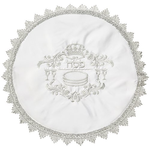 Passover Seder Matzah Cover, Silver Embroidered Pesach Seder Symbols - Satin