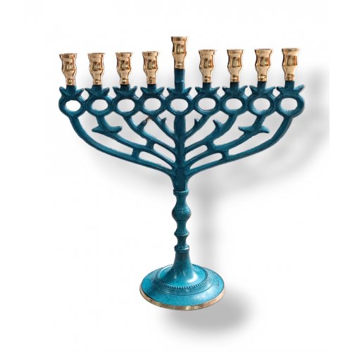 Patina Chanukah Menorah with Pomegranate and Leaf Design, For Candles - 12 Inches
