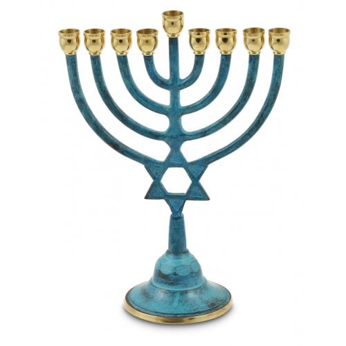 Patina and Gold Chanukah Menorah with Star of David, For Candles - 9 Inches