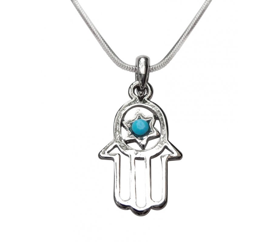 Pendant Necklace, Open Hamsa with Blue Stone in Star of David
