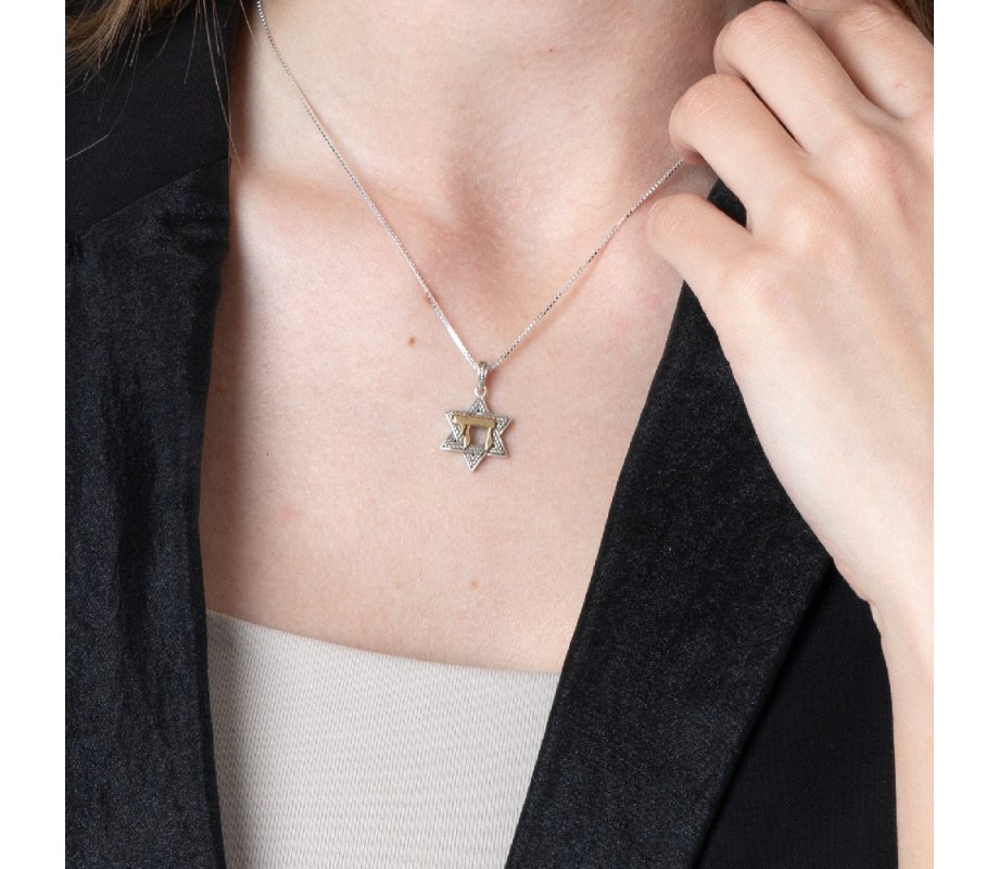 Pendant Necklace, Star of David and Chai - Textured Sterling Silver and Gold Plate