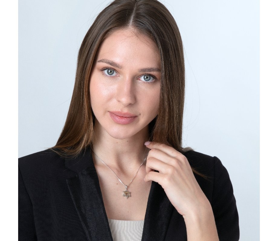 Pendant Necklace, Star of David and Chai - Textured Sterling Silver and Gold Plate