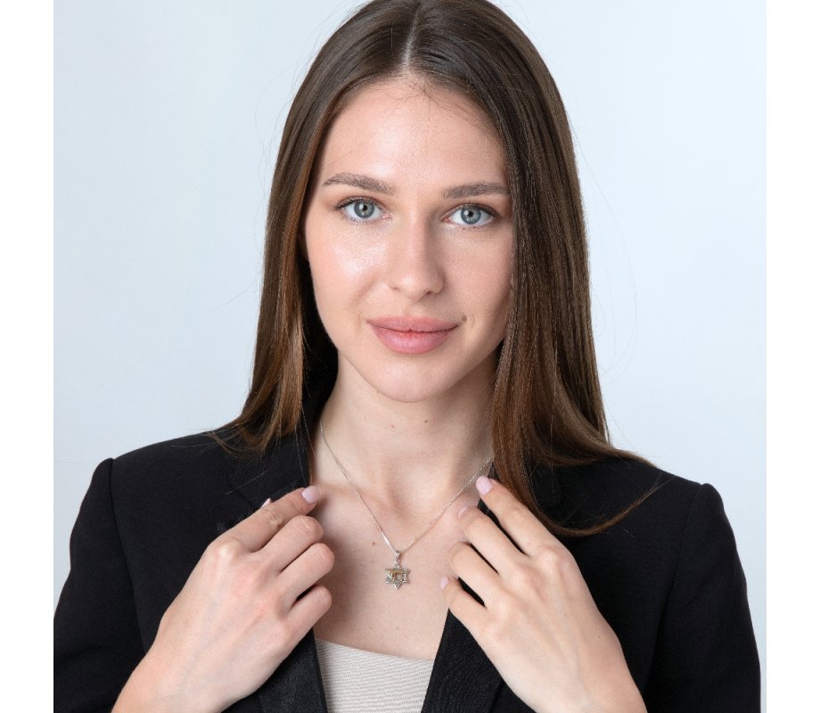 Pendant Necklace, Star of David and Chai - Textured Sterling Silver and Gold Plate