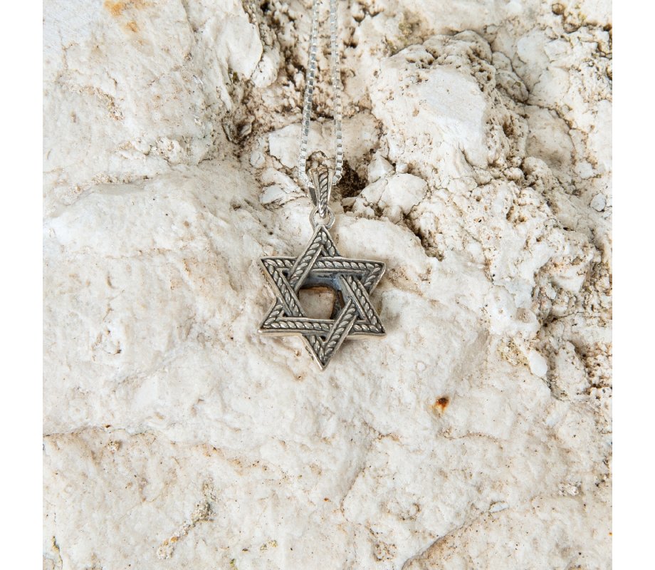 Pendant Necklace, Star of David and Chai - Textured Sterling Silver and Gold Plate