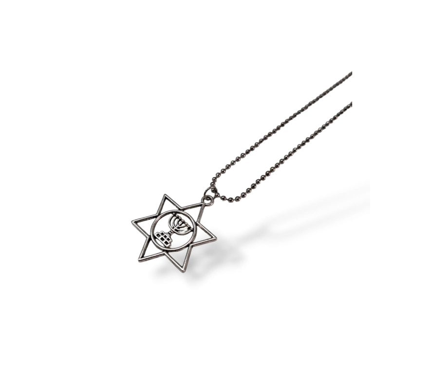 Pendant Necklace, Star of David enclosing a Menorah Image – Stainless Steel