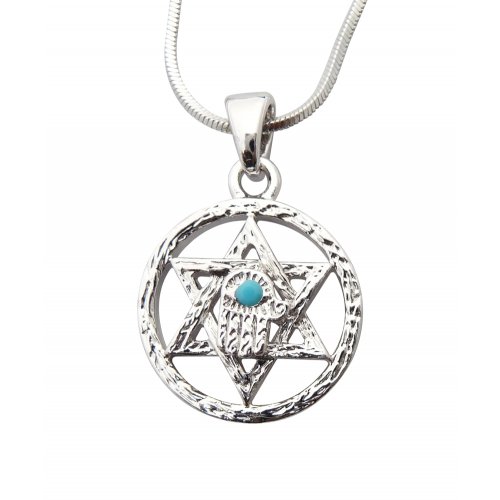 Pendant Necklace, Star of David in Circle with Hamsa and Blue Stone - Silver