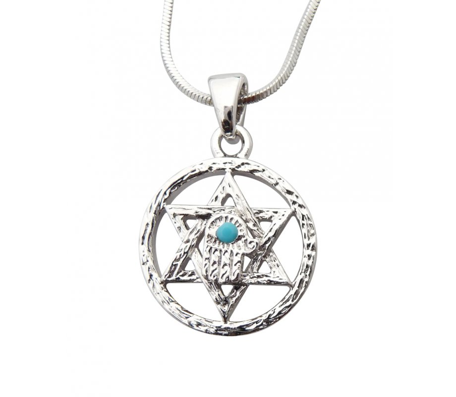 Pendant Necklace, Star of David in Circle with Hamsa and Blue Stone - Silver