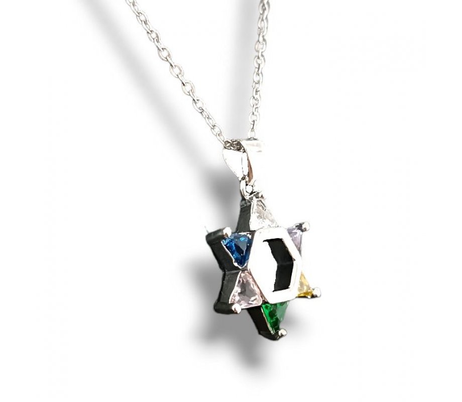 Pendant Necklace, Star of David with Colored Stones in Triangle Edges